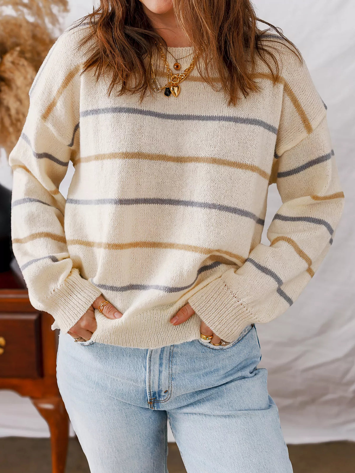 Striped ribbed drop shoulder sweater, full length styled view