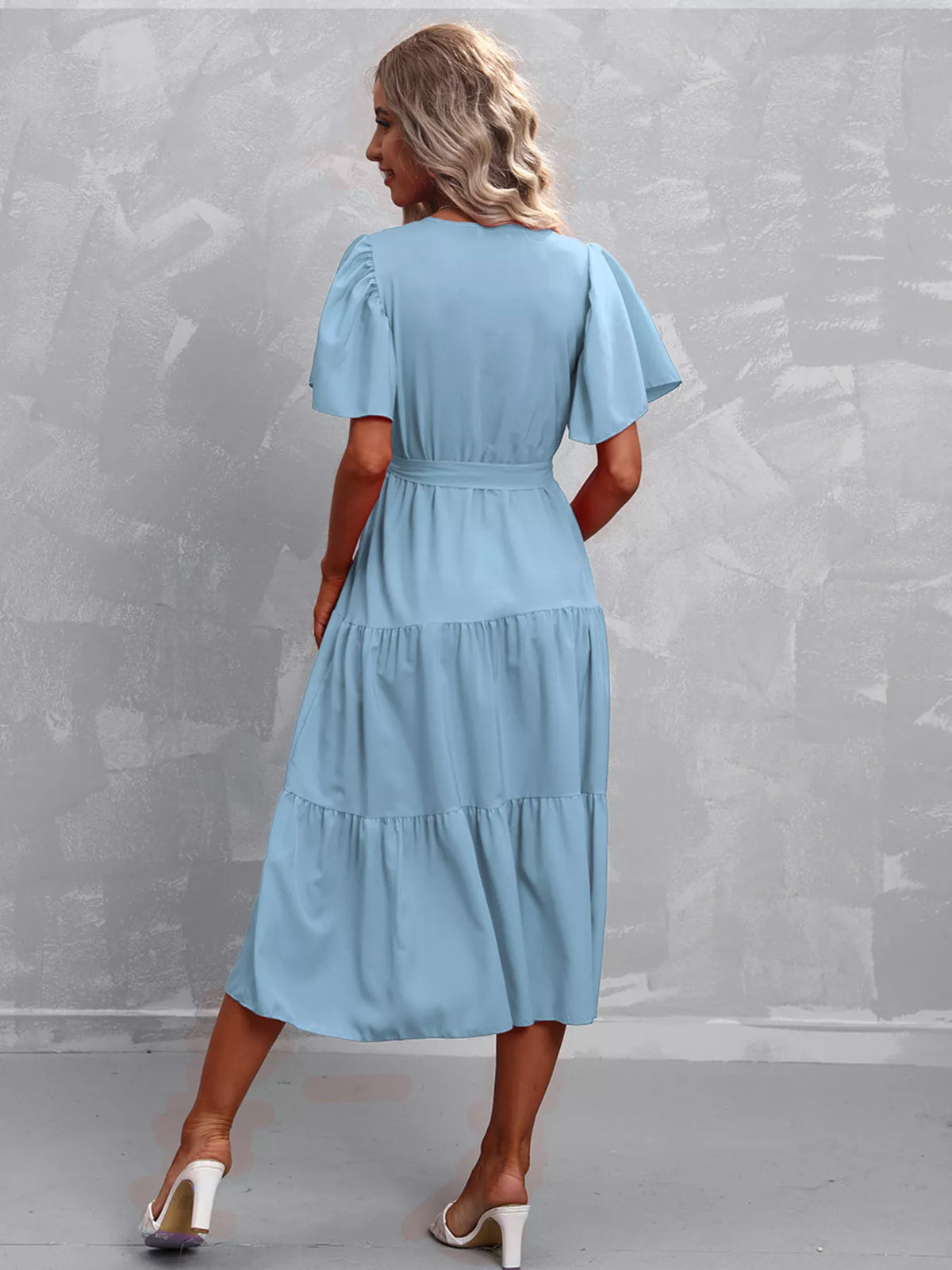 Flutter sleeve tiered midi dress full length view