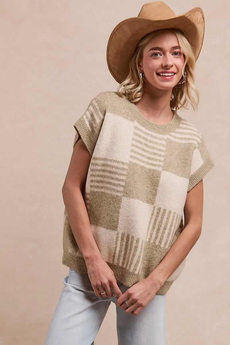 Olive Check and Stripe Sleeveless Sweater side view