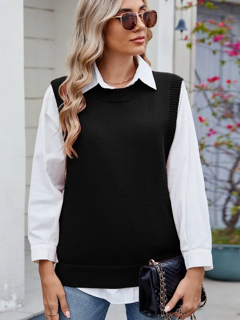 buttoned round neck sweater vest front view