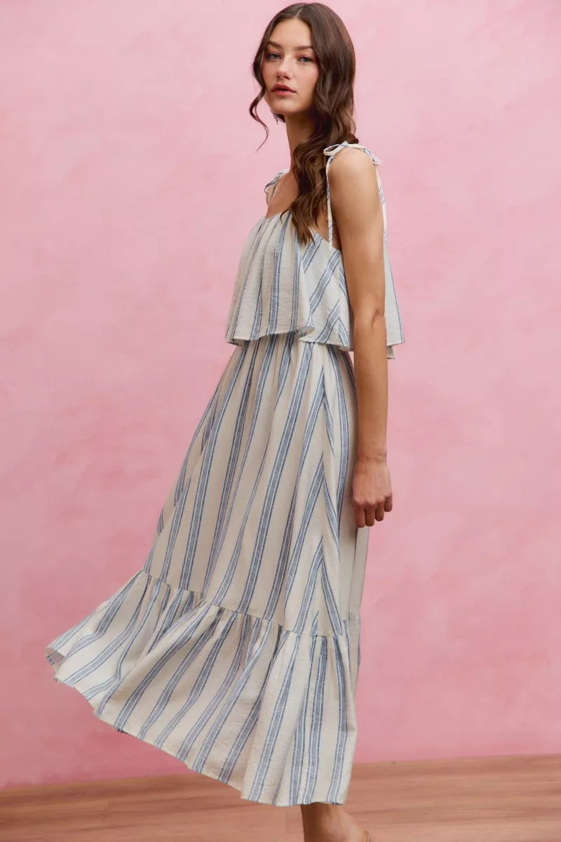 White and blue striped tiered midi dress with shoulder ties front view