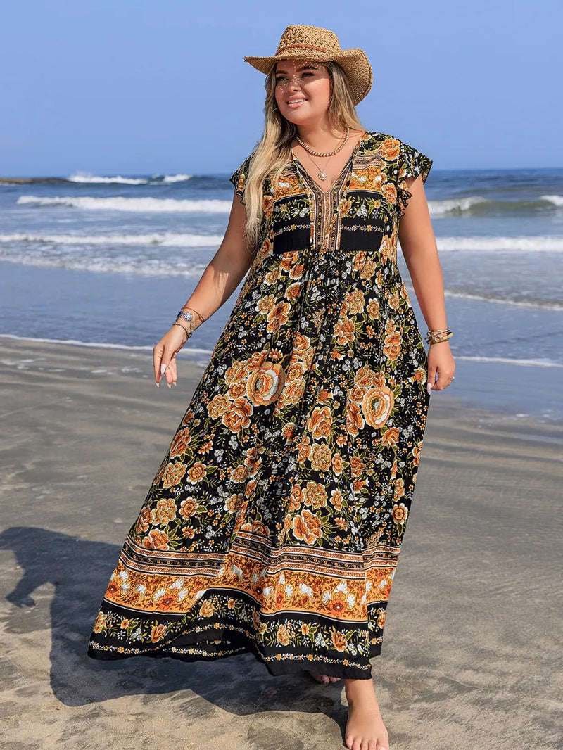 Printed V Neck Ruffle Cap Sleeve Maxi Dress Plus Size front view