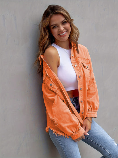 Distressed Drop Shoulder Denim Jacket - Fashorio