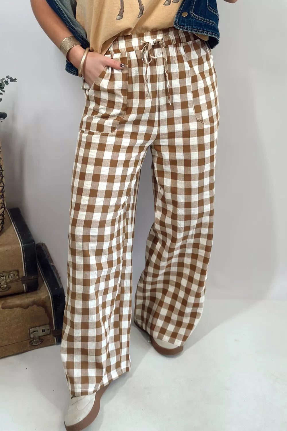 Gingham cotton pants shown from the side
