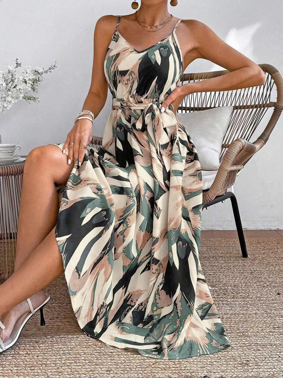abstract print tie waist cami dress detail