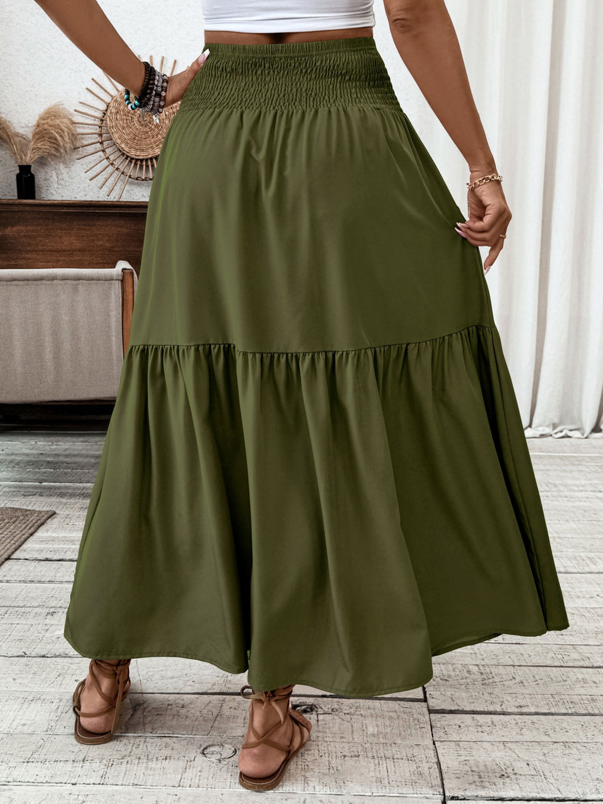Smocked waistband detail of the tiered skirt