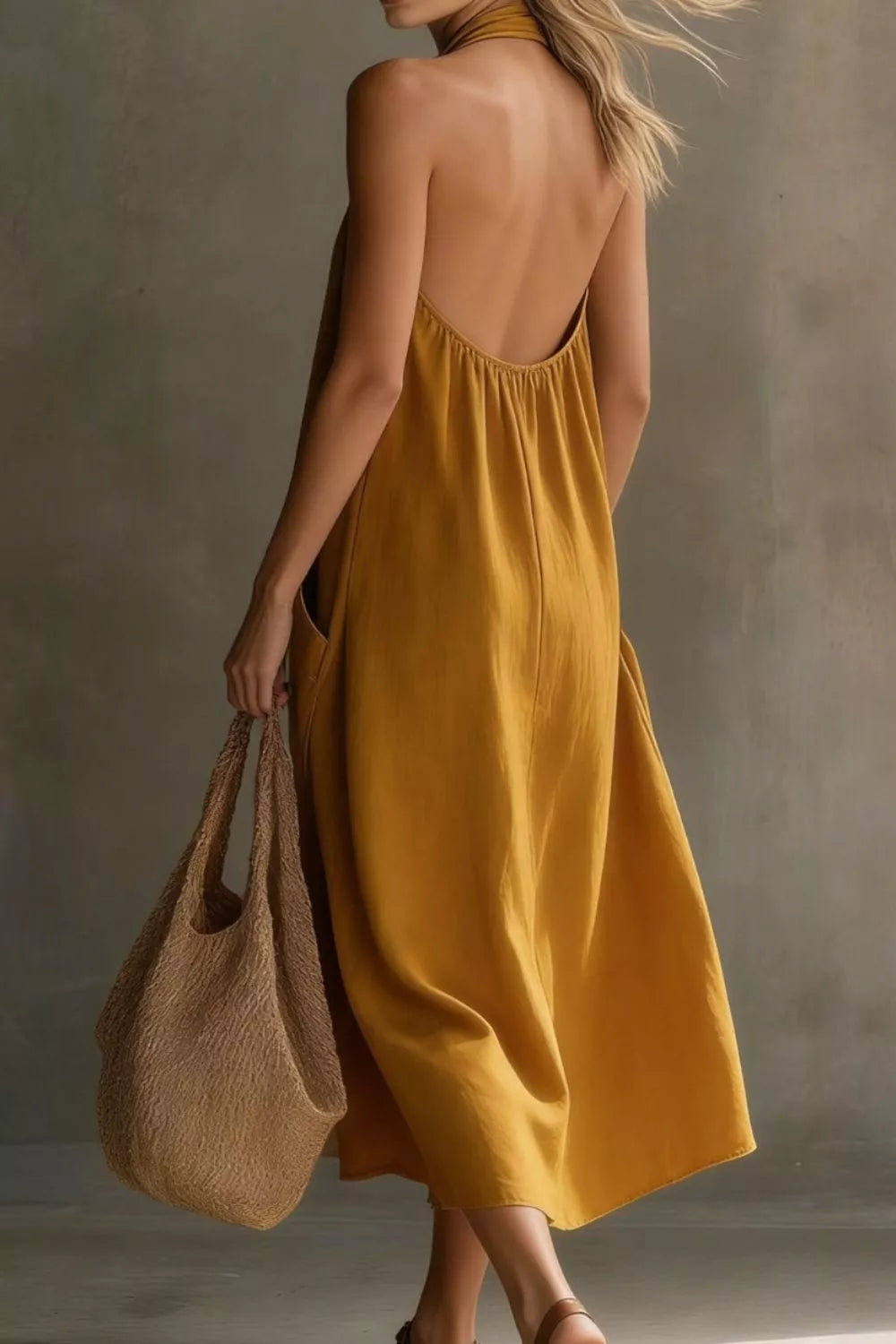 Halter neck pocket midi dress, back view
