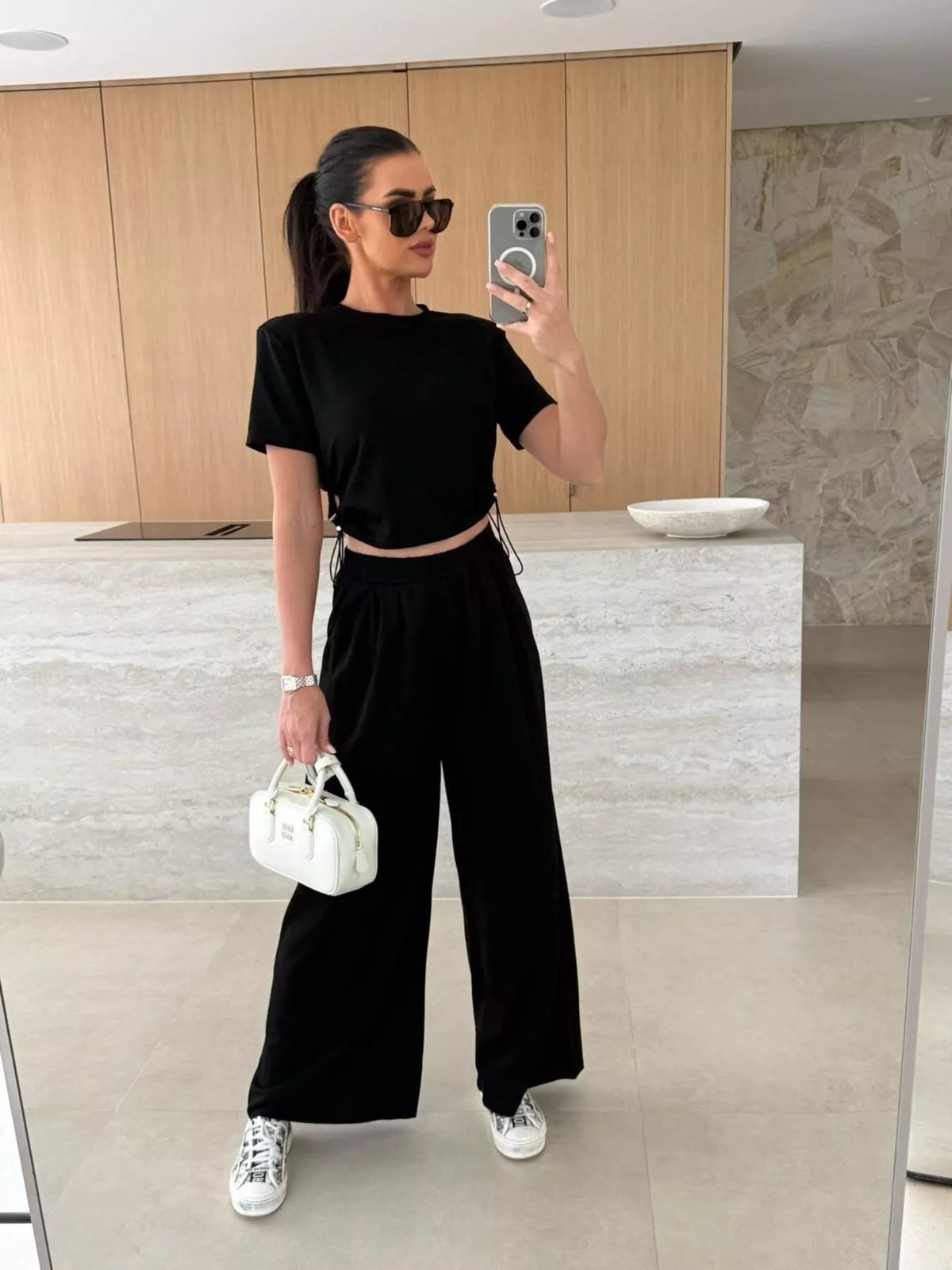 Drawstring Crop Top and Wide Leg Pants Set, view 8