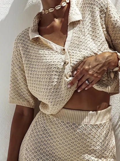 Openwork Button Up Top and Skirt Sweater Set - Fashorio