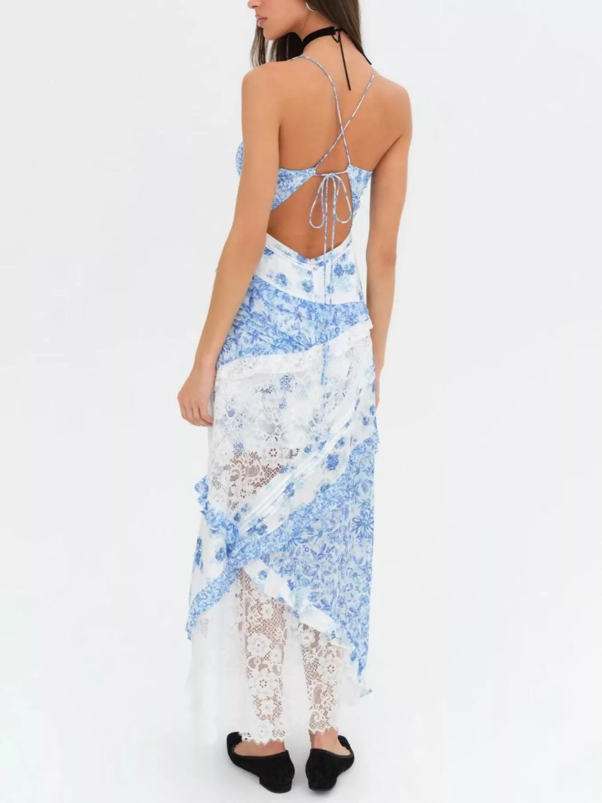 Full length lace maxi dress styled for an event