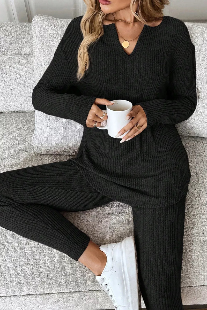 Notched long sleeve top and pants set in black front view