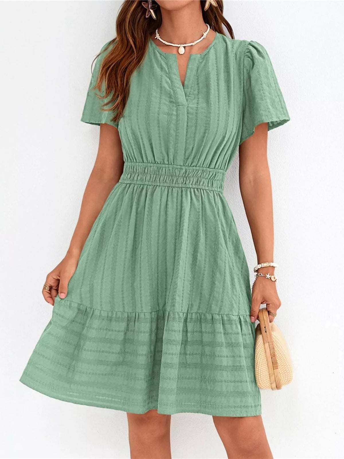 Short sleeve smocked waist tiered midi dress back view