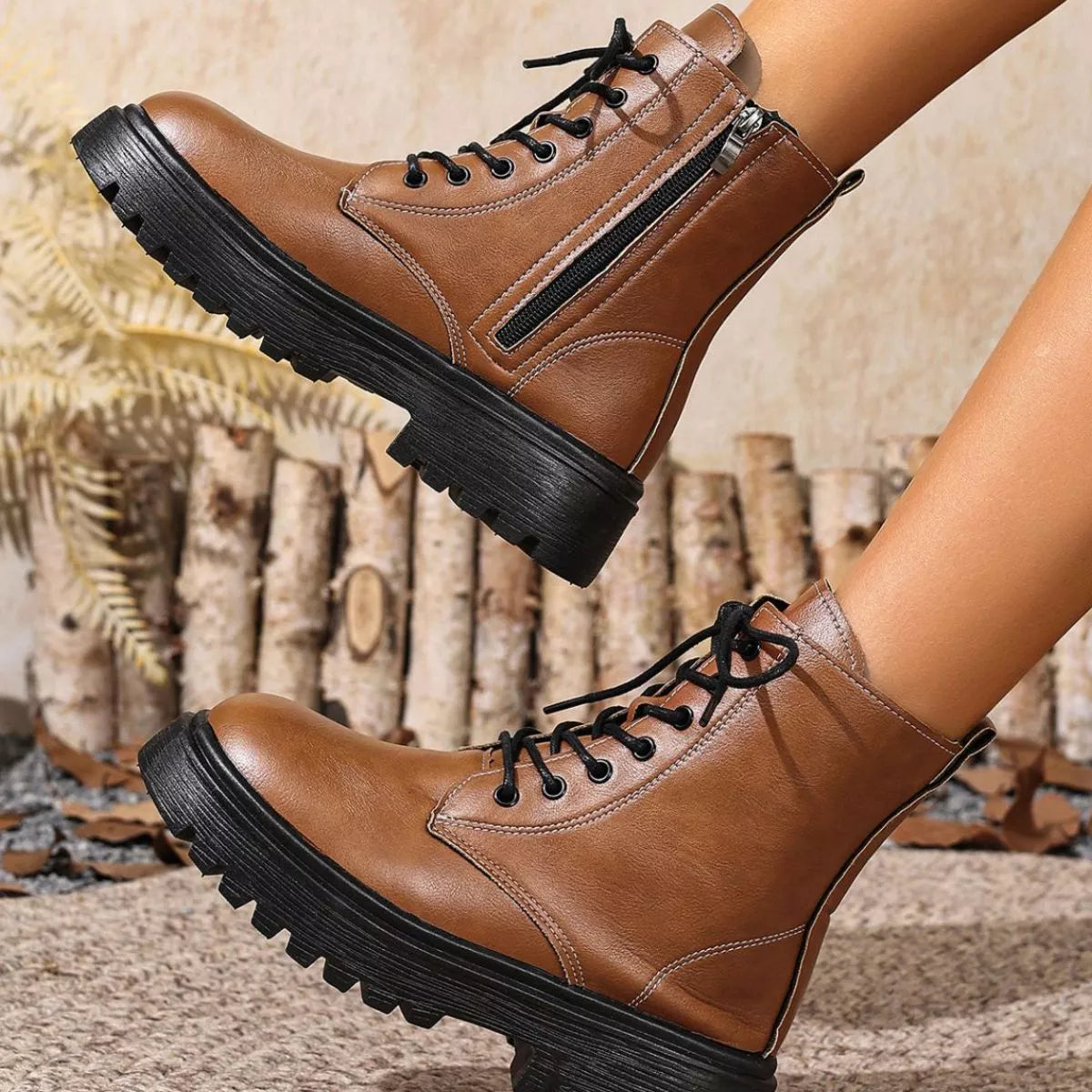 Brown round toe block heels boots heel detail