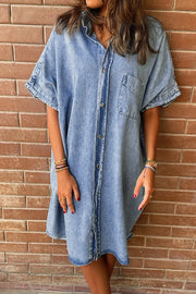 Oversized Button Down Denim Shirt Dress Light Blue - Fashorio