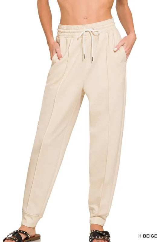 Zenana Drawstring Scuba Sweatpants with Pockets H BEIGE - Fashorio