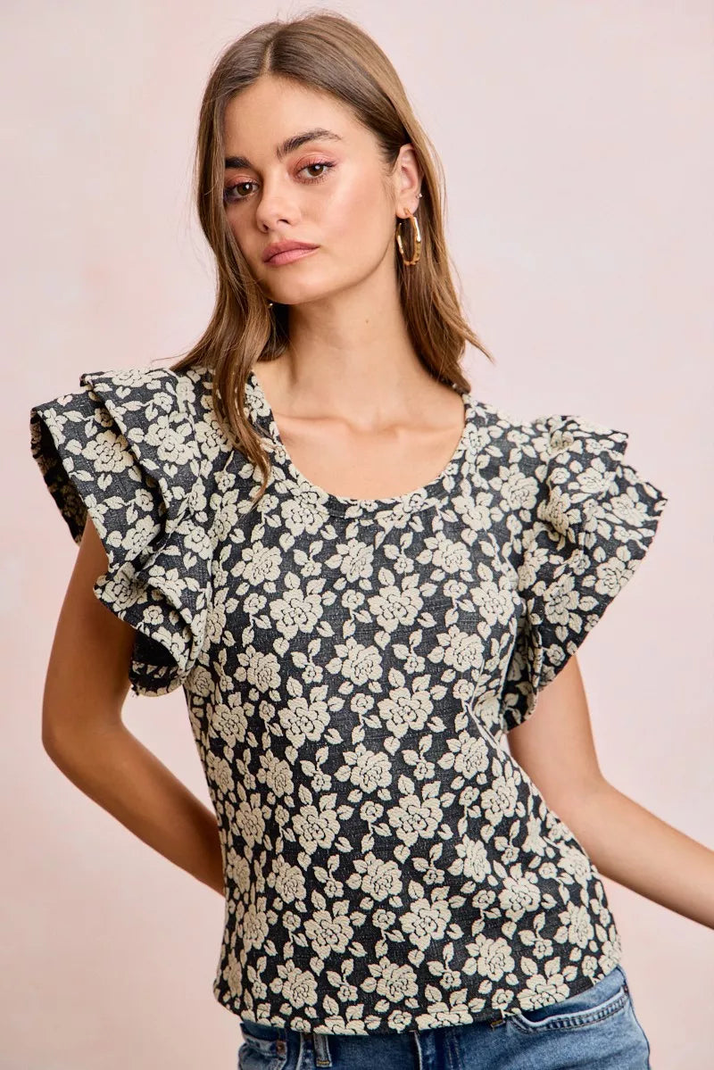 Black floral ruffle sleeve knit top styled view