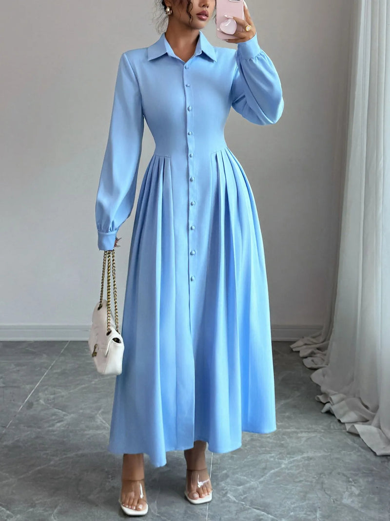 Light blue button front maxi shirt dress front view