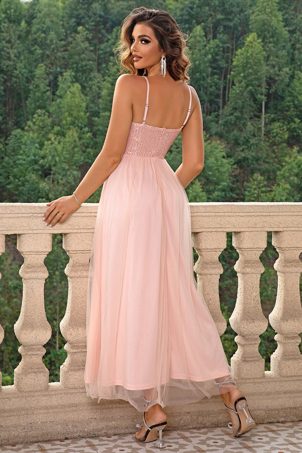 spaghetti strap slit mesh dress full length view