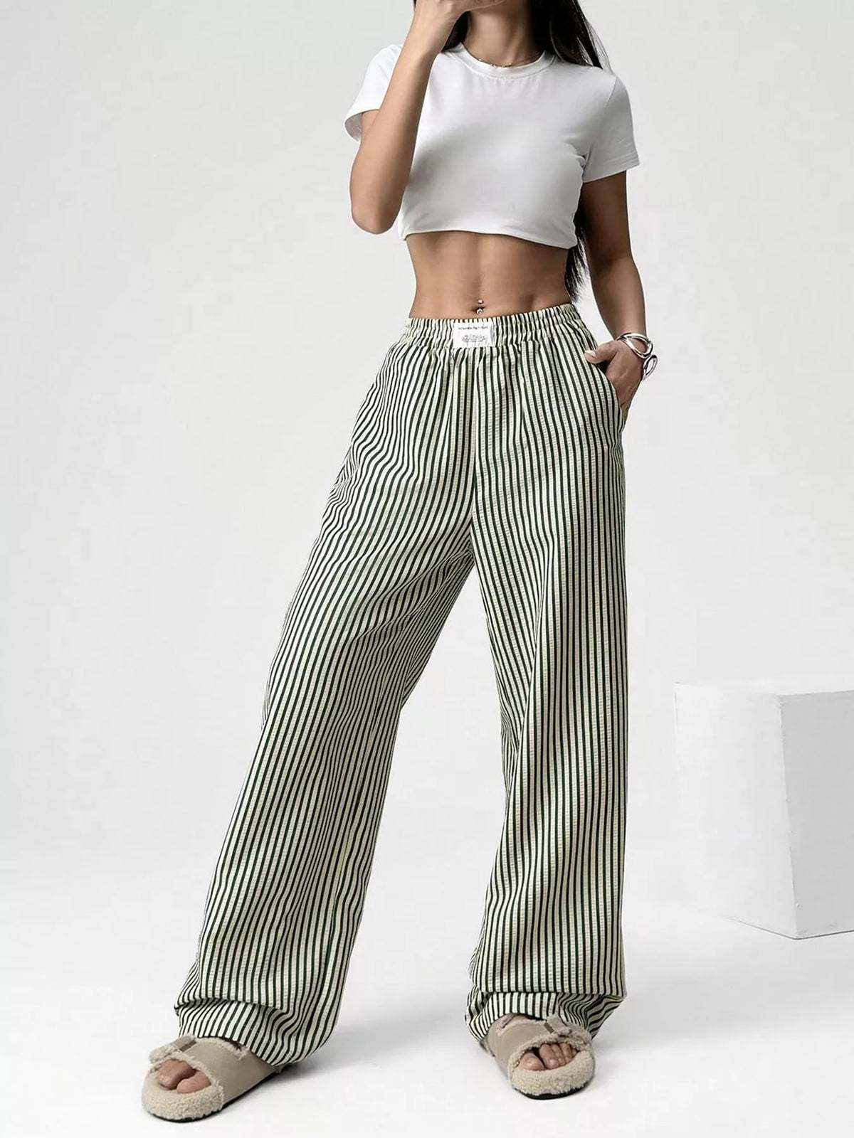 Striped high waist wide leg pants, front view