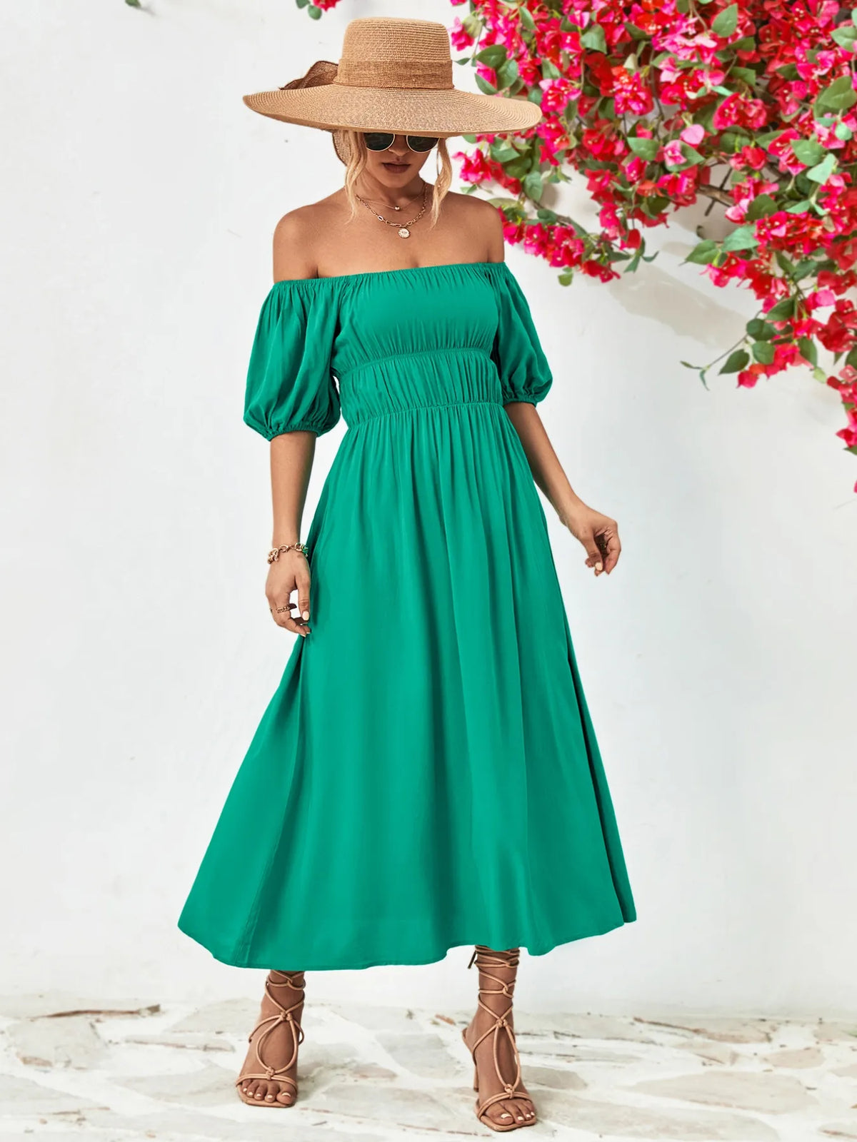 Off shoulder puff sleeve smocked maxi dress, skirt movement detail