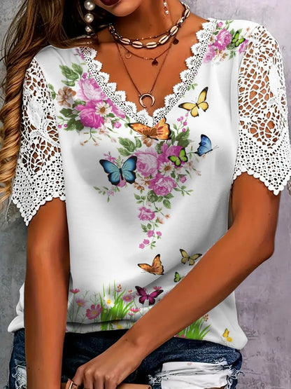 Full Size Printed Lace Sleeve V-Neck T-Shirt Plus Size Pink - Fashorio