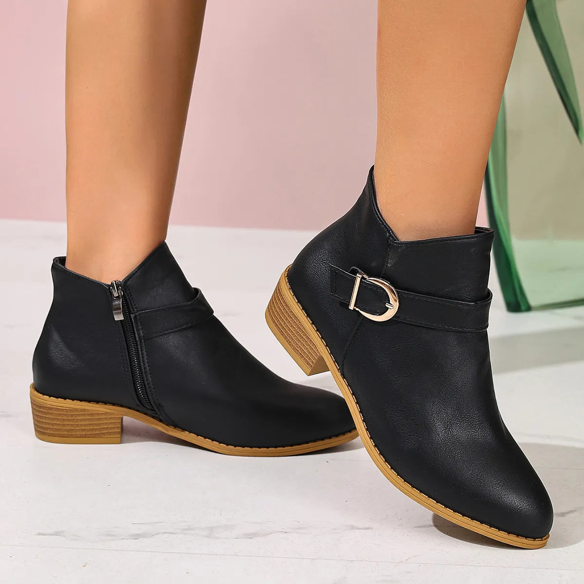 Point toe block heel boots side profile