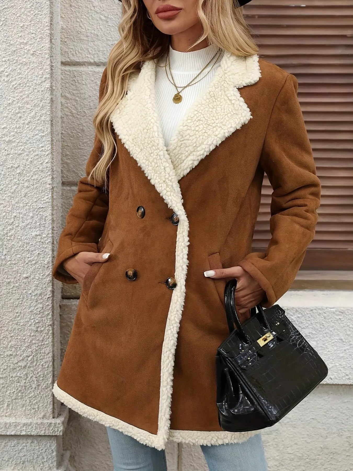 Women’s Sherpa Lined Button Up Jacket with Pockets - Fashorio