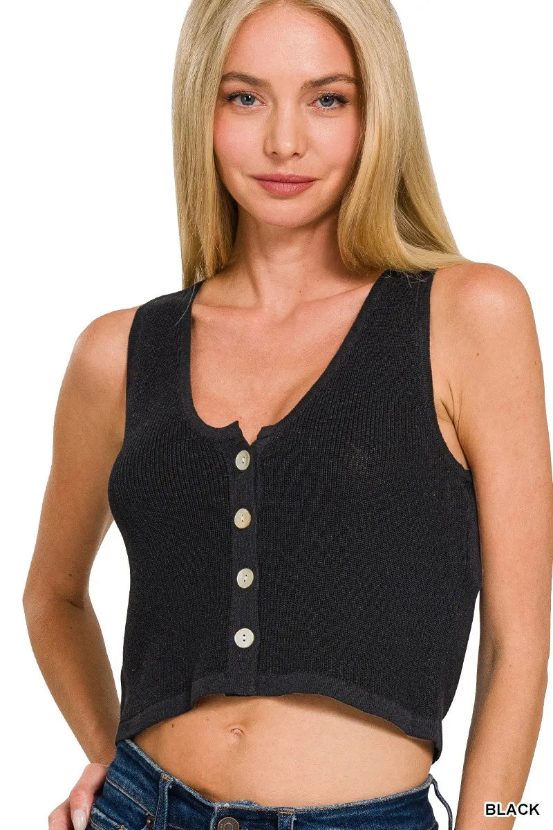 Zenana Button-up Cropped Sweater Vest BLACK - Fashorio