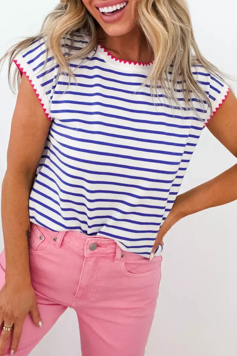 Striped contrast trim round neck cap sleeve tee front view