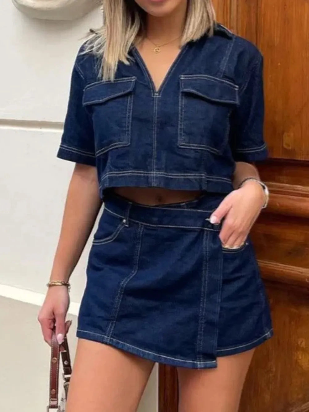 Johnny Collar Top and Skort Denim Set, view 7