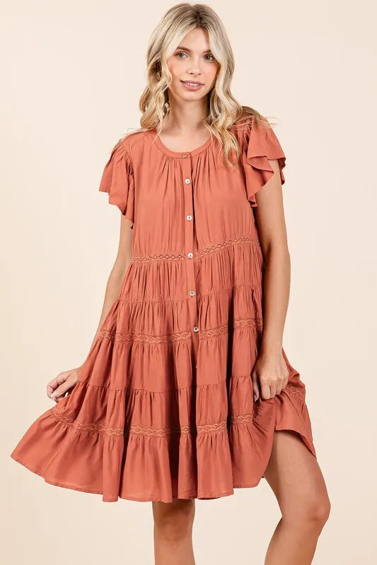 Lace ruffled button down tiered dress front view