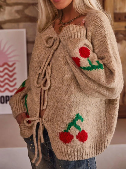 Tied Cherry Round Neck Long Sleeve Cardigan - Fashorio