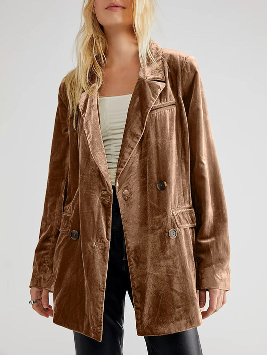 Lapel Collar Long Sleeve Blazer with Pockets Camel - Fashorio