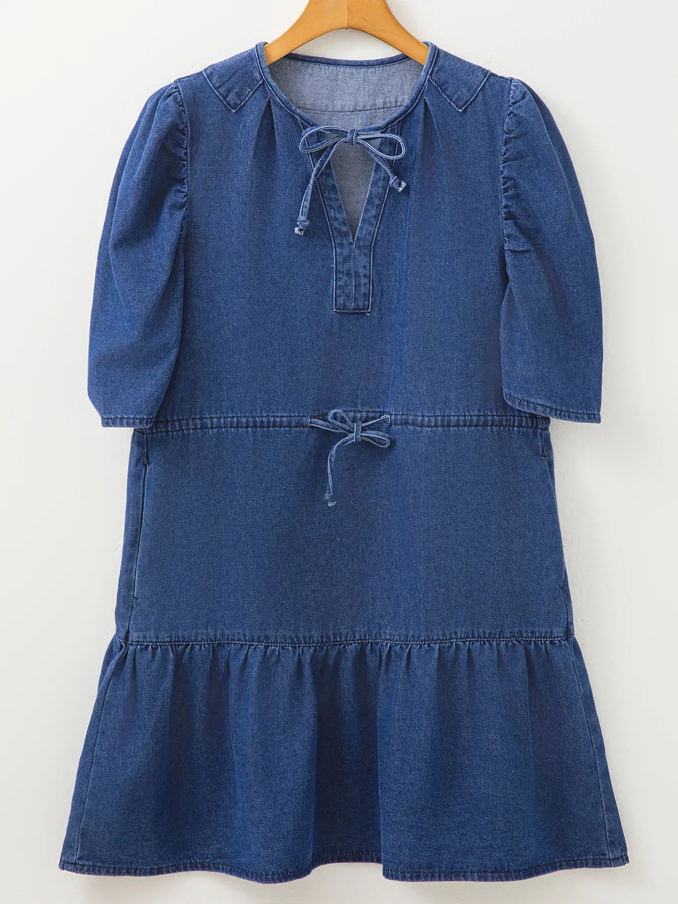 Drawstring High Waist Puff Sleeve Denim Mini Dress - Fashorio