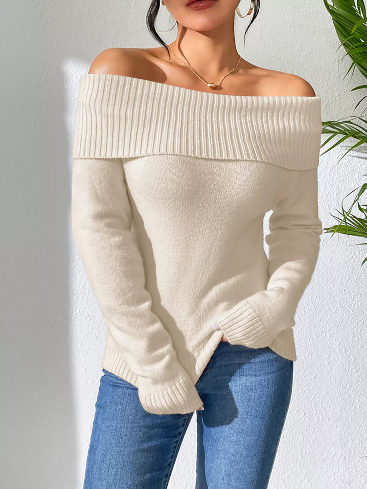 Ribbed Off Shoulder Sweater back view