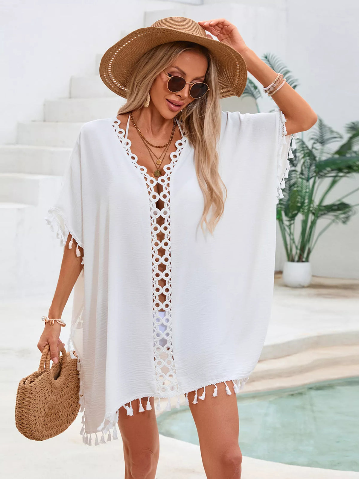 White crochet trim tassel cover up dress side view