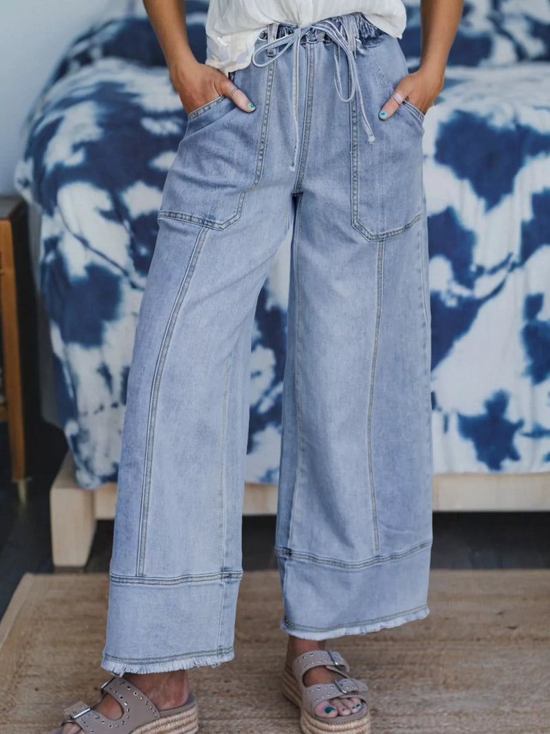 Wide leg drawstring raw hem jeans front view