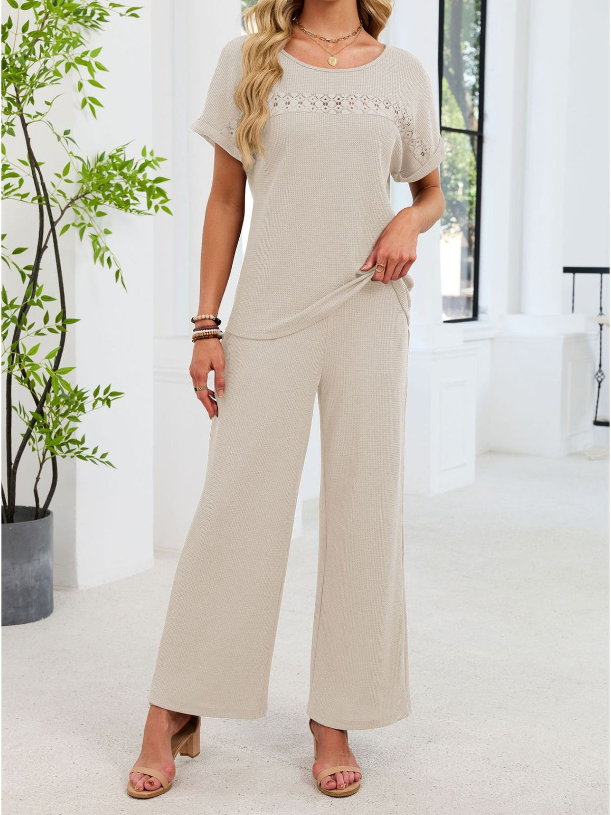 Lace Detail Short Sleeve Top and Pants Set, view 9