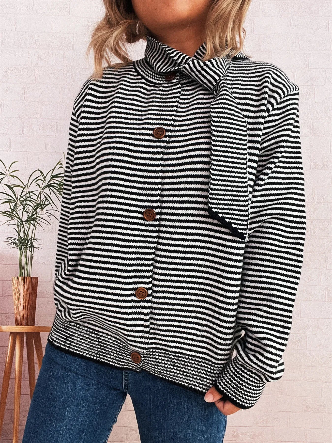 Striped Button Up Long Sleeve Cardigan - Fashorio