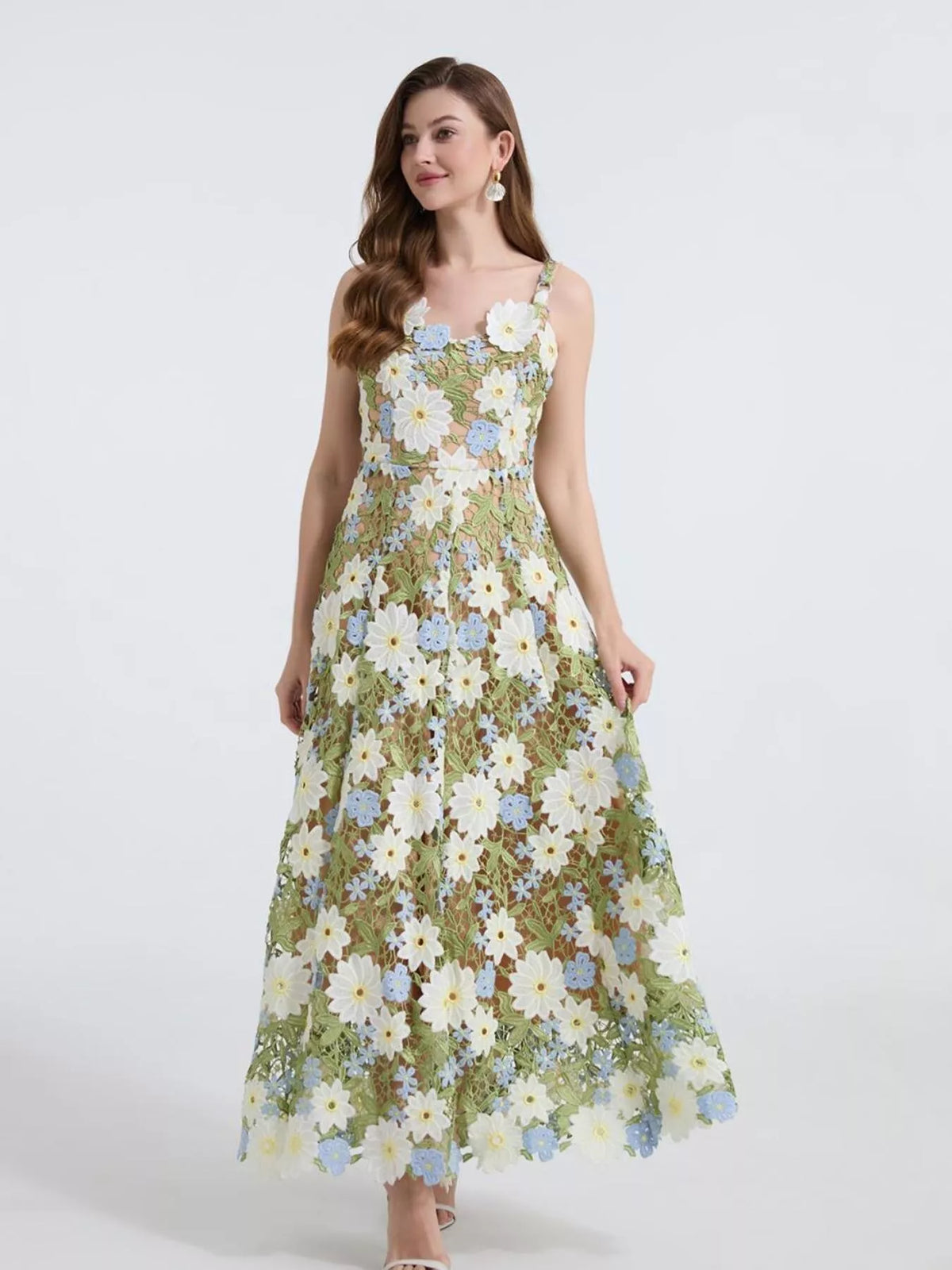 Floral embroidered maxi dress front view