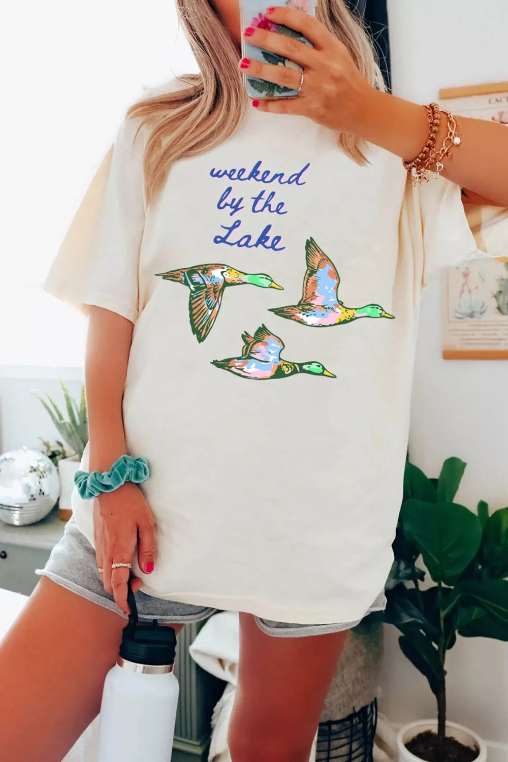 White Weekend by the Lake graphic oversized tee side view