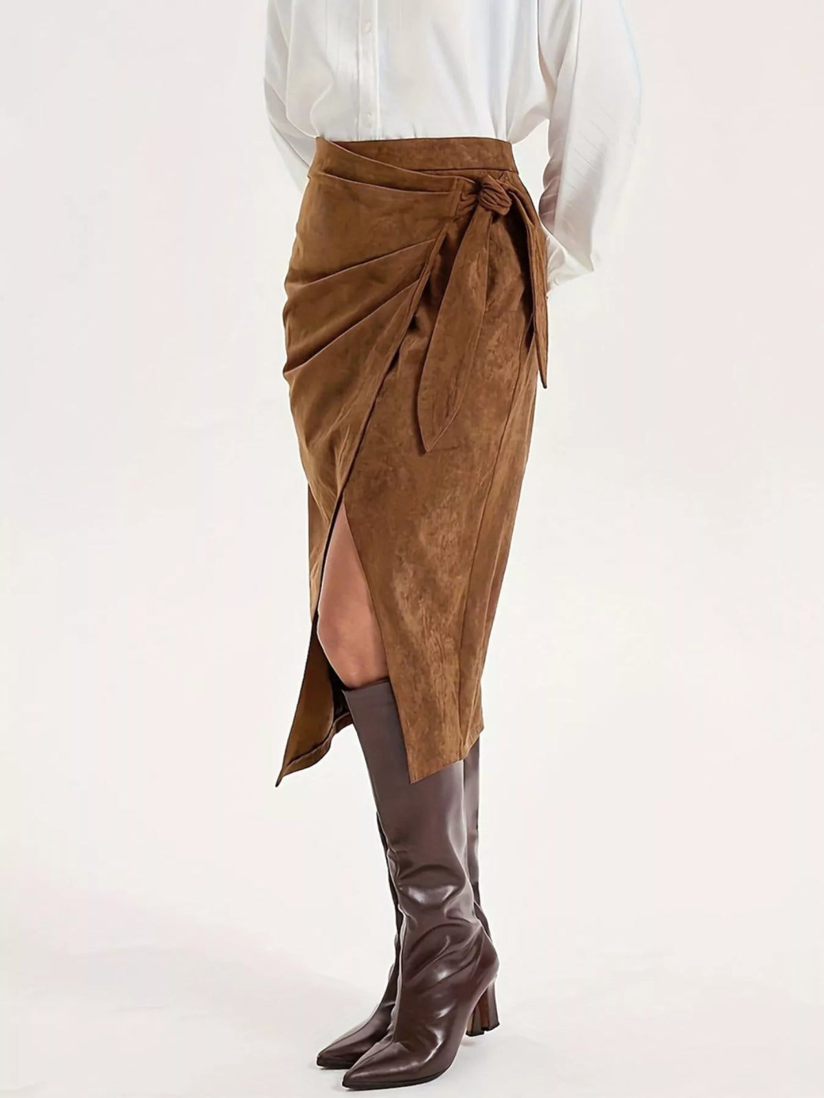 brown wrap midi skirt front view