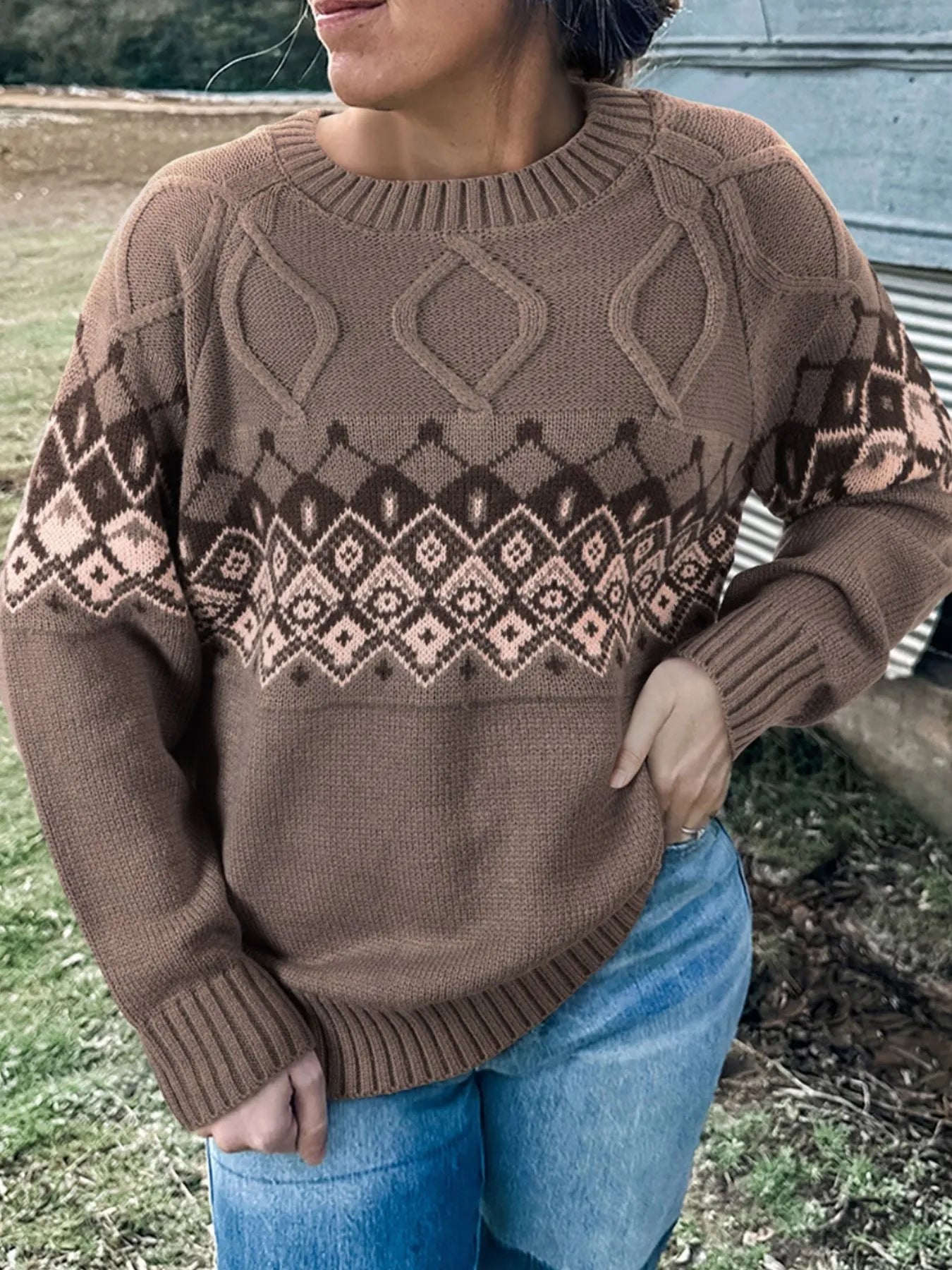 Geometric Round Neck Long Sleeve Sweater - Fashorio