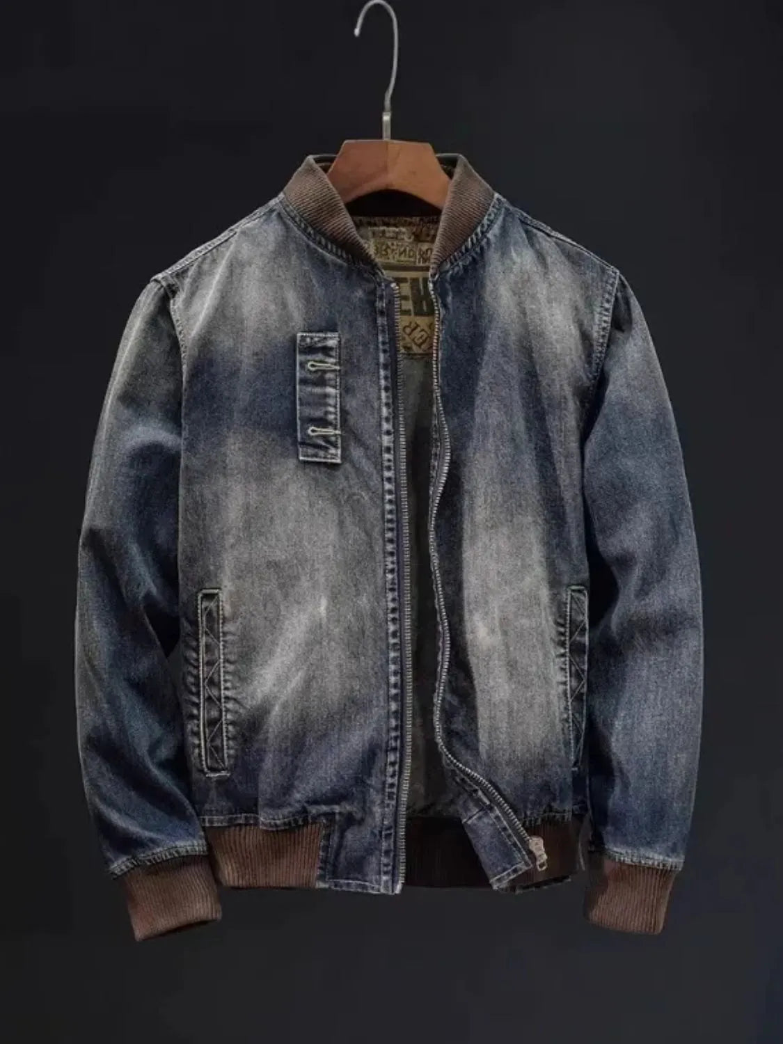 Men's Plus Size Button Up Washed Denim Bomber Jacket Blue - Fashorio