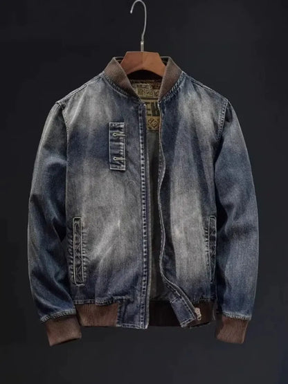 Men's Plus Size Button Up Washed Denim Bomber Jacket Blue - Fashorio
