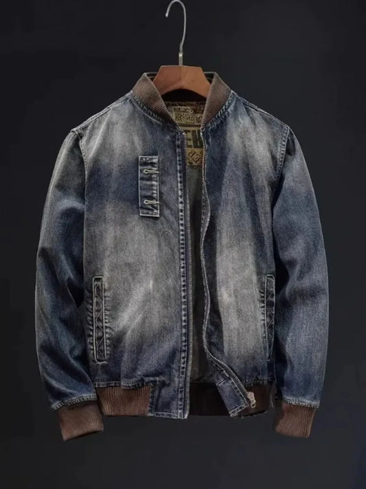 Men's Plus Size Button Up Washed Denim Bomber Jacket Blue - Fashorio