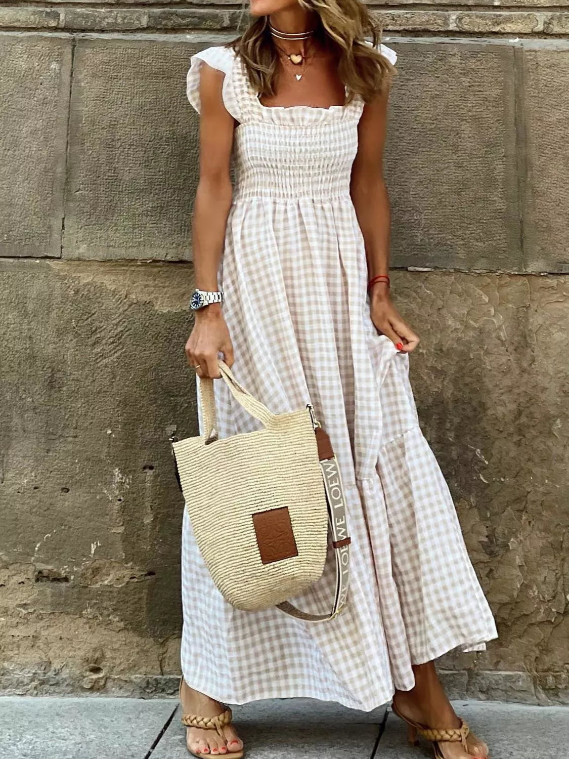 Gingham smocked ruffle maxi dress side view