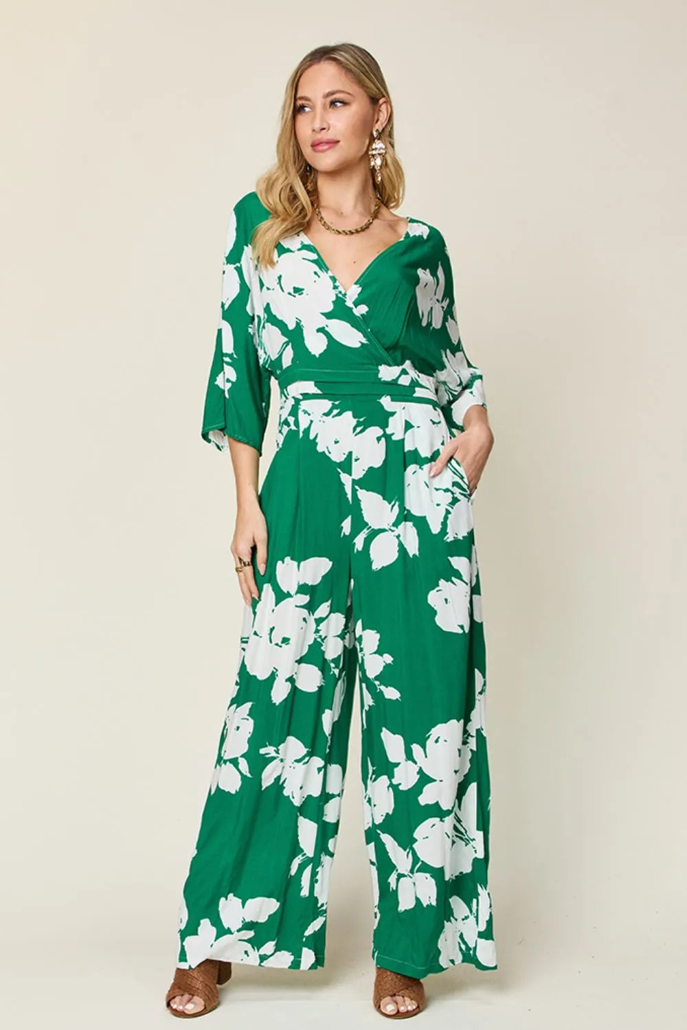 Green wide leg jumpsuit full length view