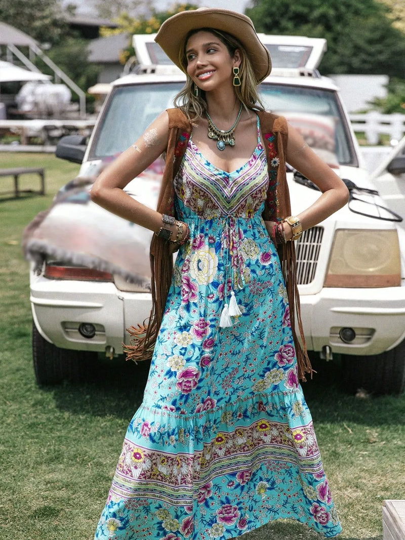 Floral tassel tiered cami maxi dress front view