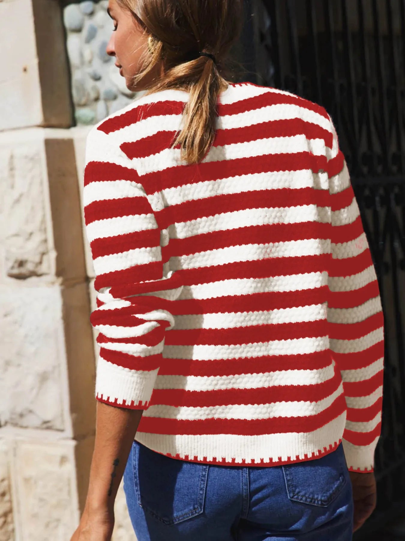 Button Down Striped Long Sleeve Cardigan - Fashorio